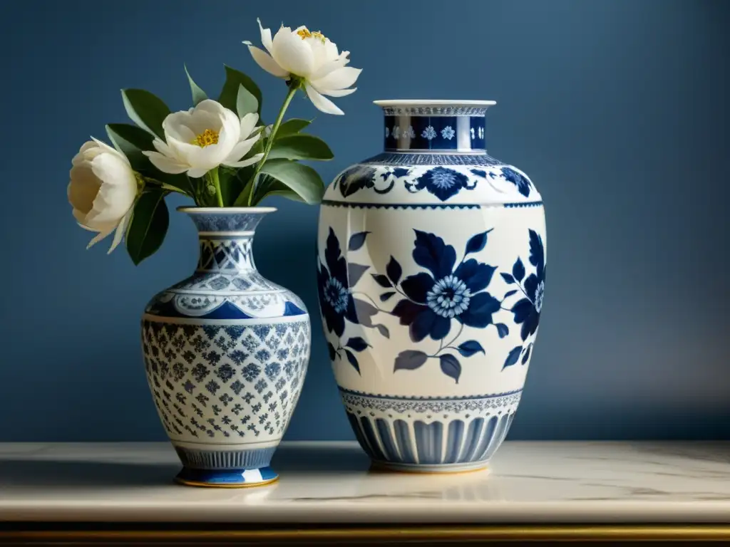 Cuadro de porcelana azul y blanca con patrones florales, sobre mesa dorada