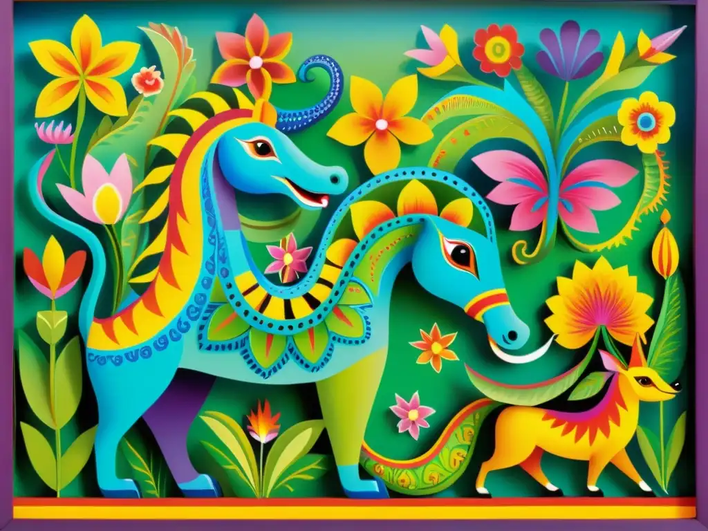 Cuadro vibrante de alebrijes mexicanos: detalle y color Un cuadro vibrante al estilo vintage de famosos alebrijes de la cultura mexicana, con detalles intrincados y colores contrastantes