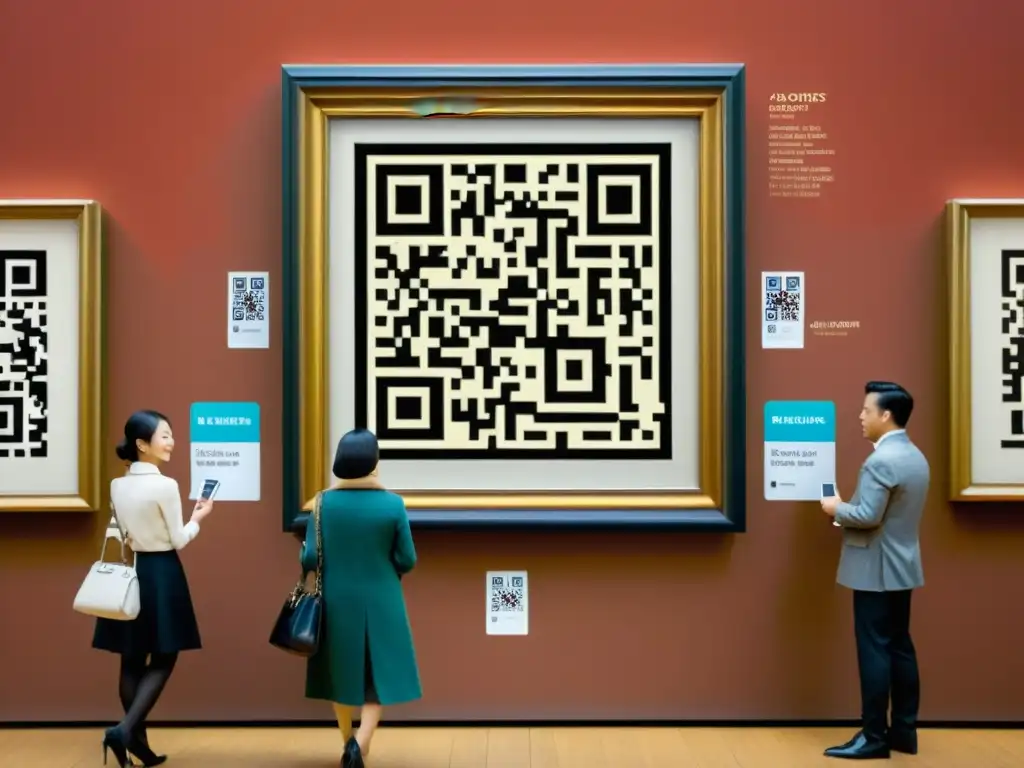 Cuadro vintage de un bullicioso museo de arte con códigos QR, patrones y una atmósfera histórica y elegante