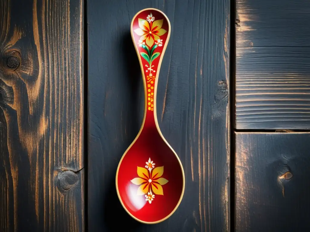 Una cuchara de madera Khokhloma con diseño inspirado en patrones rusos, pintada a mano con flores rojas y doradas sobre un fondo de madera envejecida