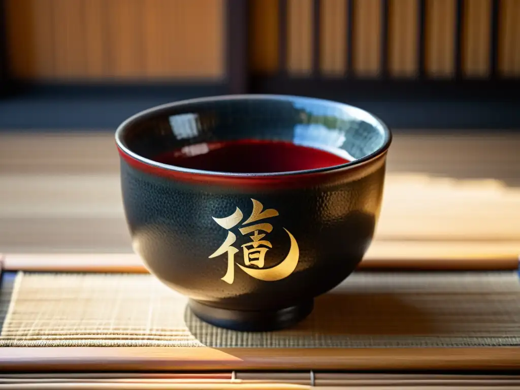 Un cuenco de té japonés Raku, con ricos tonos terrosos y caracteres japoneses, iluminado por luz suave