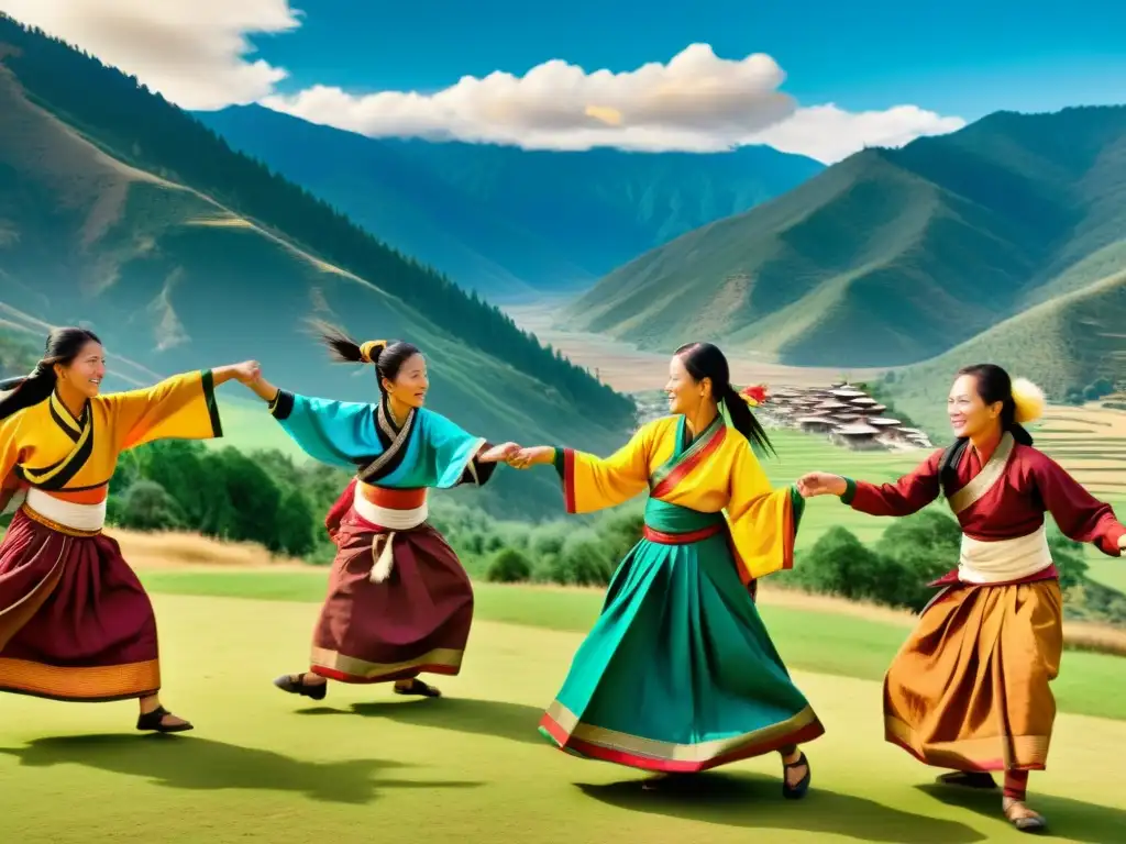 Bhutanese dancers en vibrantes trajes tradicionales realizando una danza antigua