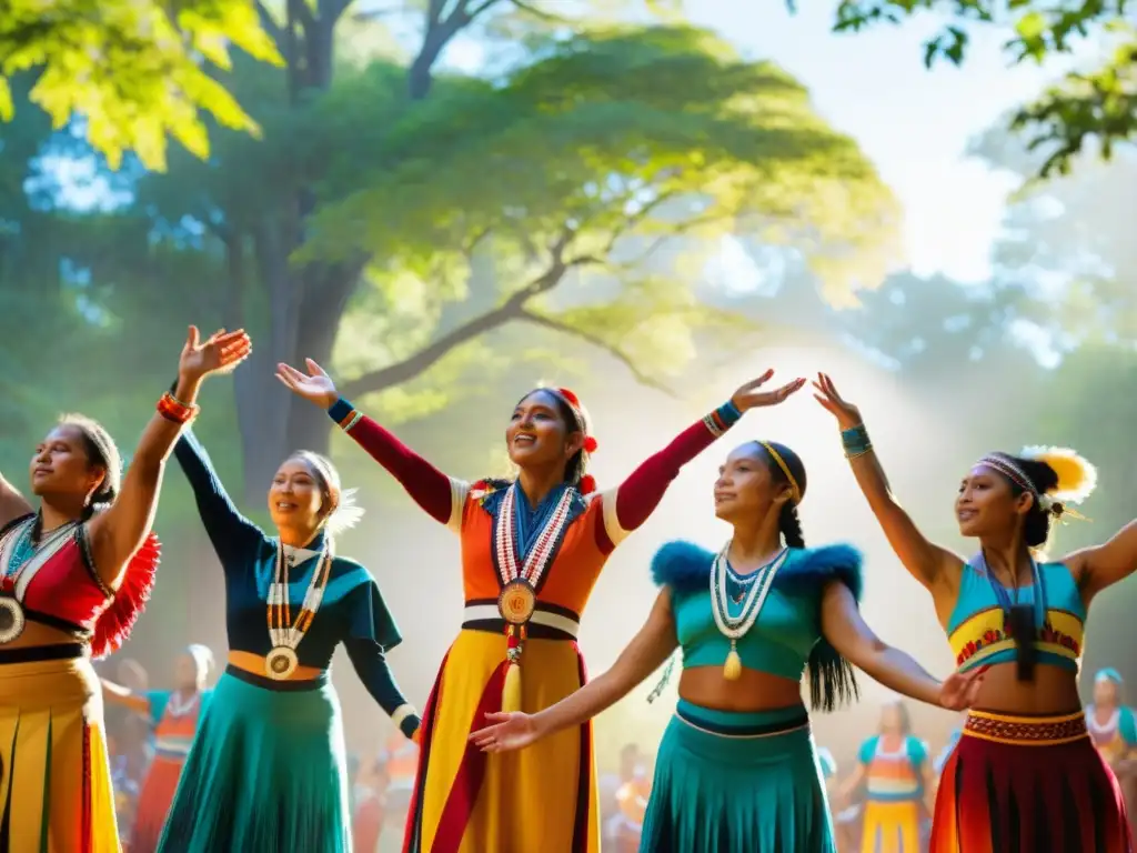 Danza del Sol en culturas indígenas: Grupo de bailarines en trajes tradicionales realizando la ceremonia bajo el sol entre árboles