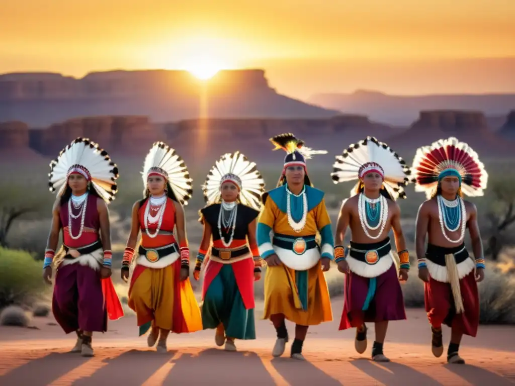 Danza del Sol en culturas indígenas: Grupo de personas vestidas con trajes ceremoniales tradicionales, bailando en el desierto al atardecer