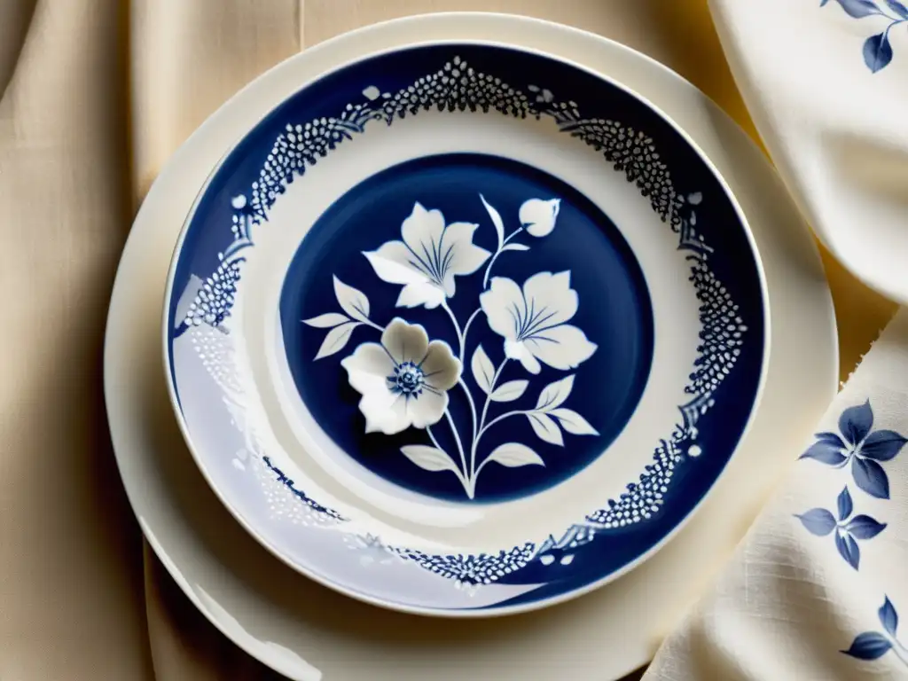 Una delicada y detallada vajilla de porcelana pintada a mano con patrones florales en azul y blanco