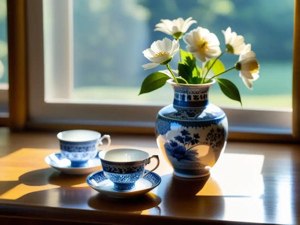 Una delicada escena de porcelana azul y blanca, con detalles pintados a mano y un toque vintage