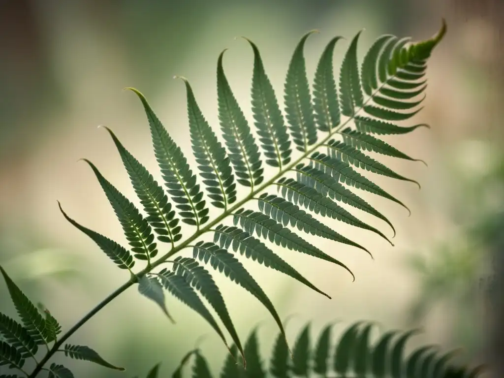 Delicada hoja de helecho desplegándose sobre fondo texturizado, resaltando patrones artísticos inspirados en la naturaleza