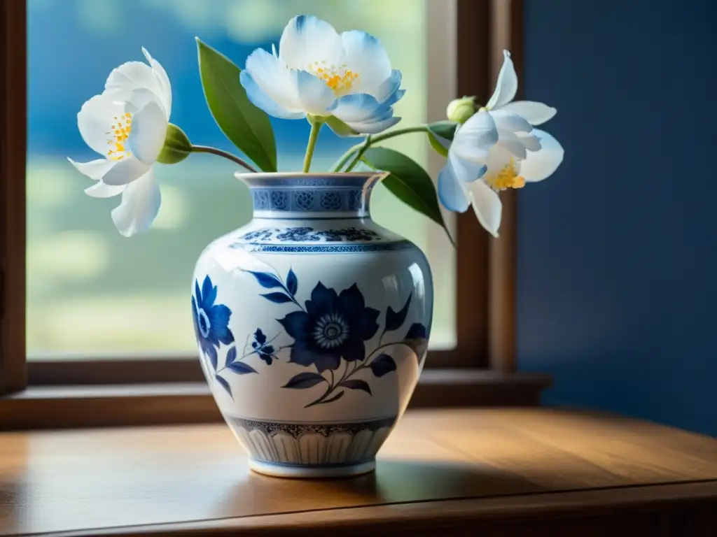 Una delicada porcelana azul y blanca en un elegante jarrón vintage sobre una mesa de madera