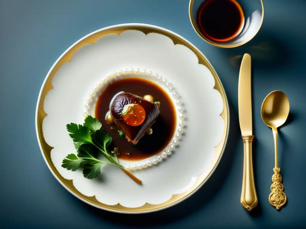 Una delicada presentación de coq au vin con patrones visuales alta cocina francesa