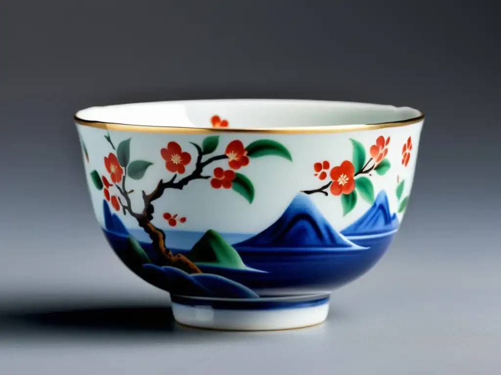 Una delicada taza de porcelana Kakiemon con exquisita técnica de pintura a mano, retratando un paisaje sereno de cerezos en flor y un río tranquilo