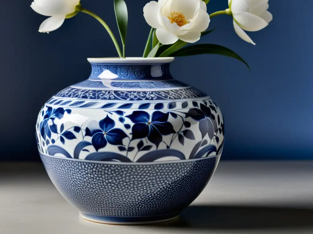 Una delicada vasija de porcelana azul y blanca, exhibiendo elegantes diseños florales y un encanto atemporal