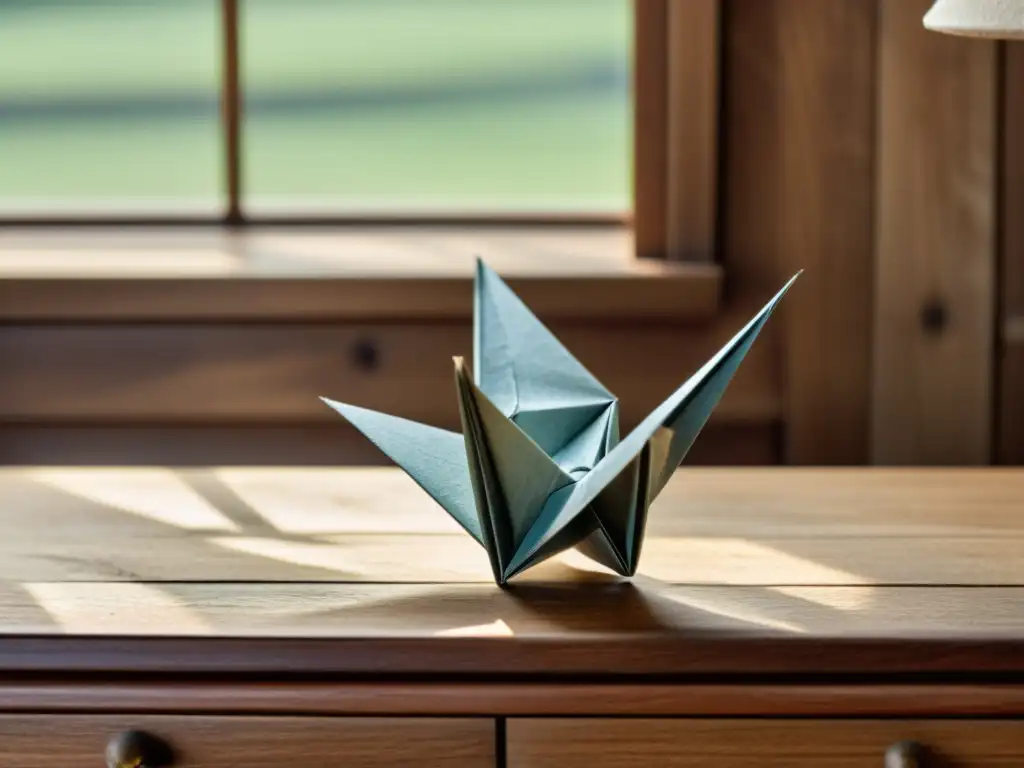 Un delicado origami de grulla descansa en un escritorio de madera vintage, bañado por suave luz natural