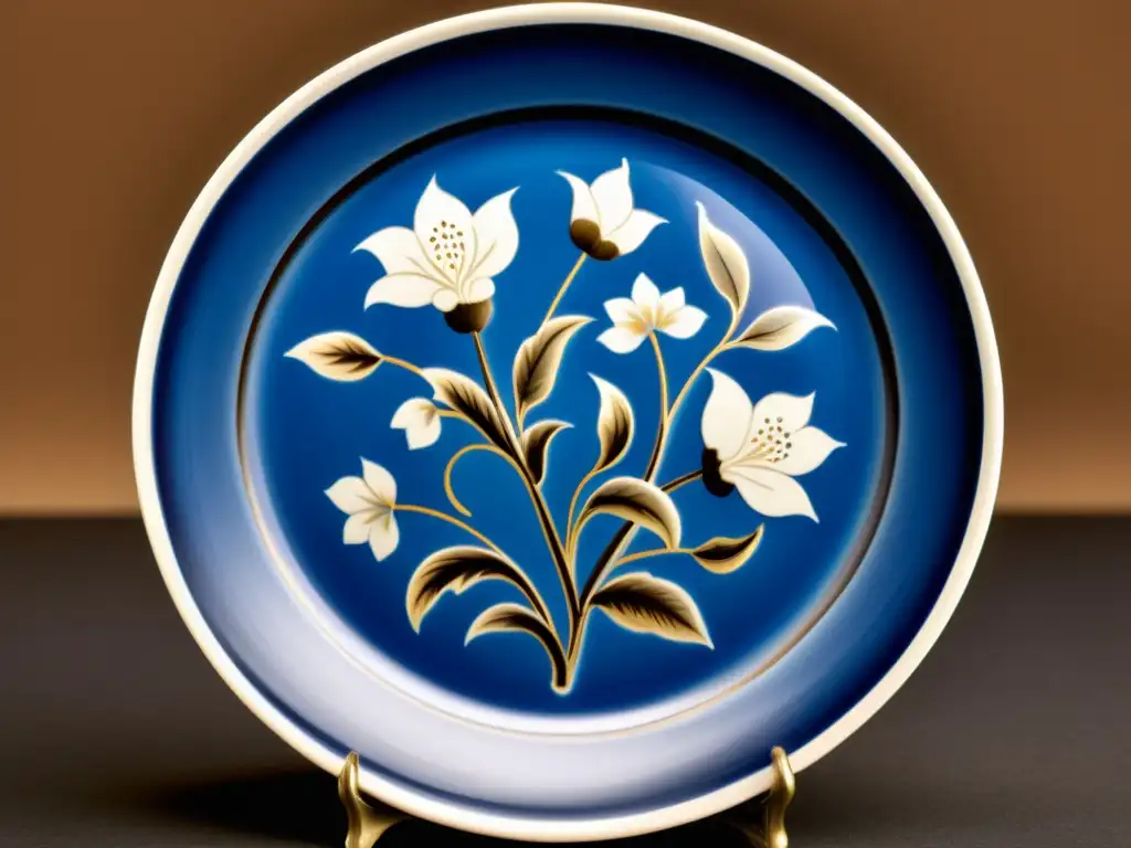 Un delicado plato de porcelana pintado a mano de Jingdezhen, con intrincados patrones florales azules y blancos