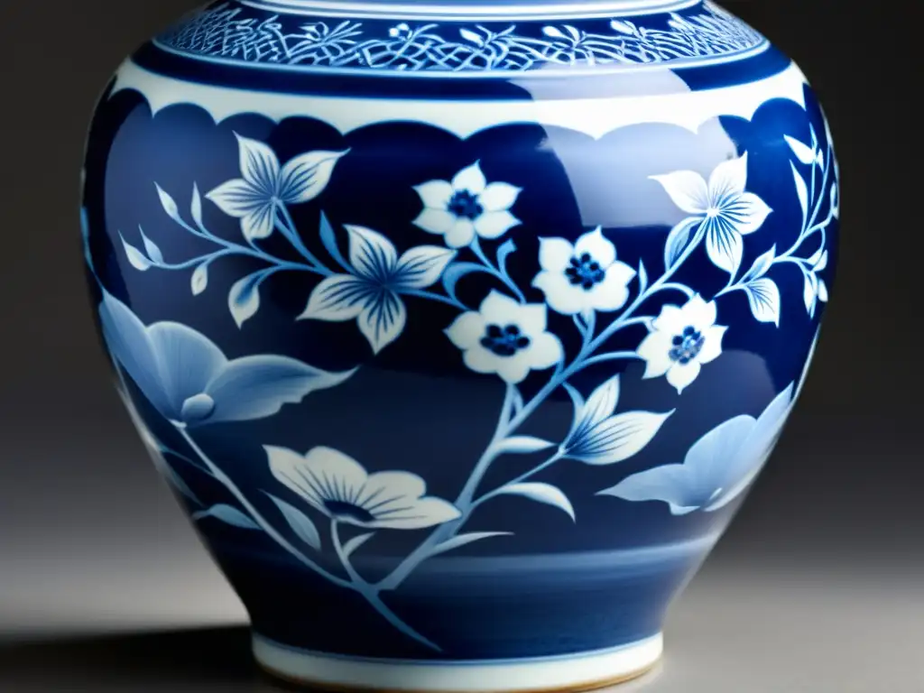 Un delicado jarrón de porcelana de la dinastía Ming con diseños florales en azul y blanco, reflejando elegancia y artesanía emblemática