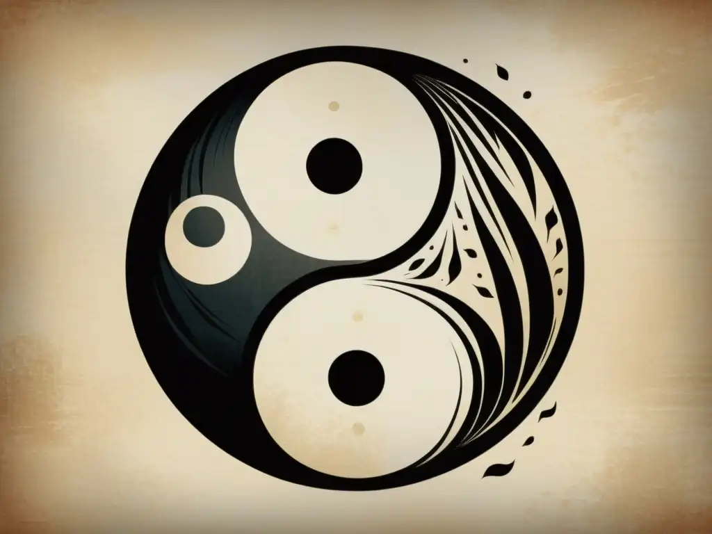 Un delicado símbolo Yin y Yang en ilustración vintage, con caligrafía china tradicional