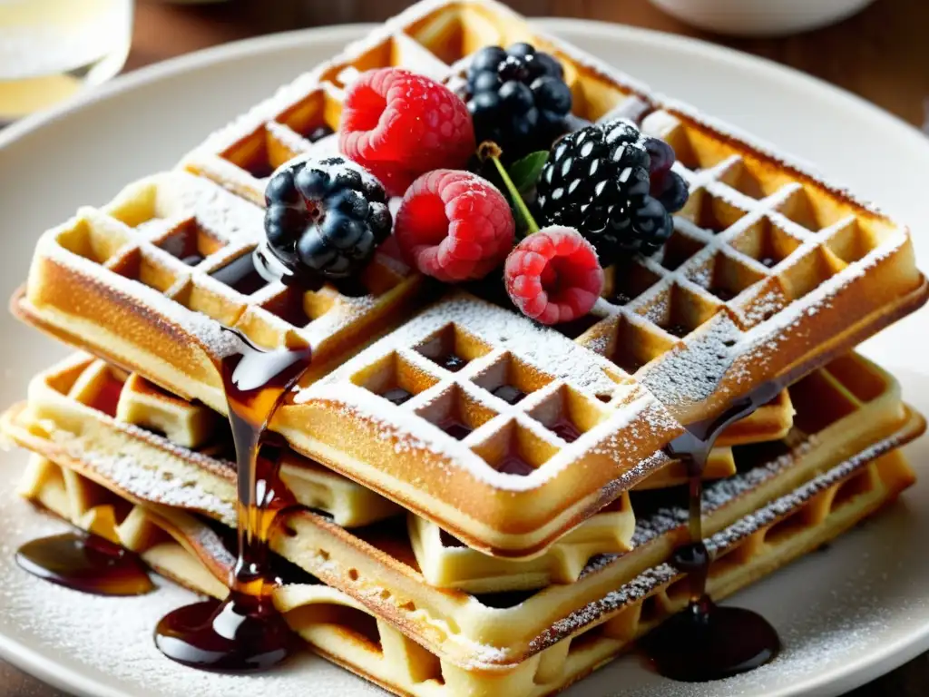 Deliciosos waffles dorados con patrones cuadriculados, bayas frescas y jarabe, evocando nostalgia y artesanía en la cocina