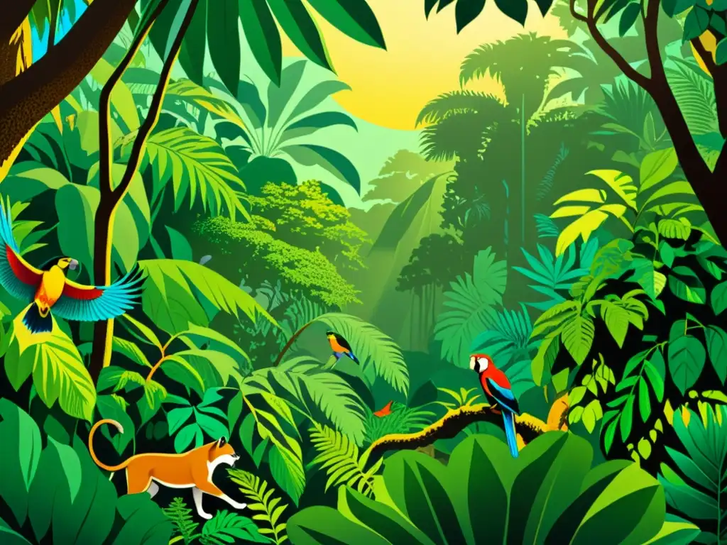 Selva exuberante: ilustración vintage llena de vida y misterio Una ilustración vintage de una densa selva con monos, loros y jaguares entre la vegetación