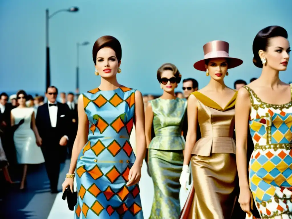 Desfile de alta costura de los años 60 con patrones multicolor en lujosos vestidos