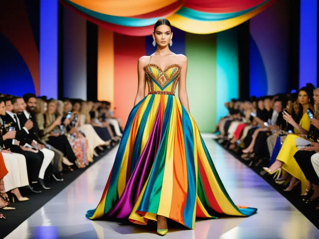 Un desfile de alta costura con un impresionante vestido adornado con patrones multicolor