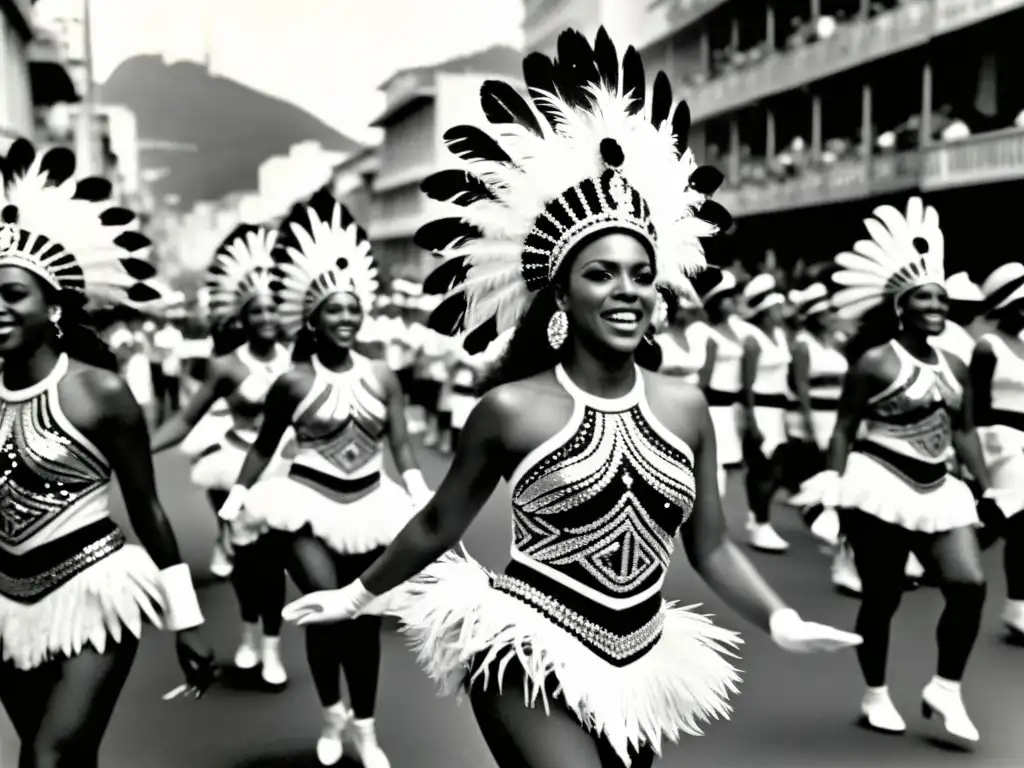 Desfile callejero animado en Río de Janeiro con bailarines de samba en trajes elaborados