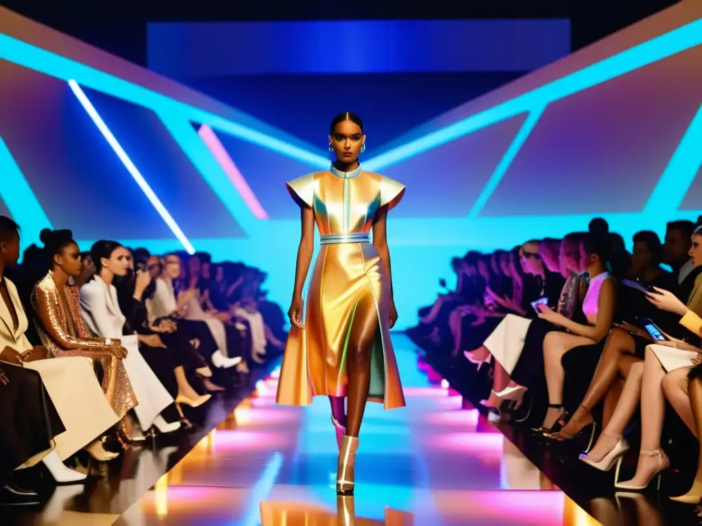 Desfile futurista con moda AI y hologramas, fusionando tendencias clásicas y tecnología