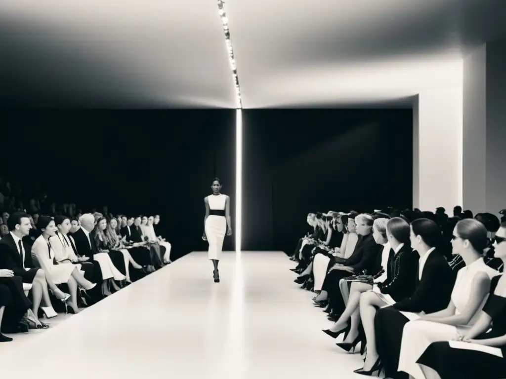 Desfile de moda de lujo con patrones minimalistas en blanco y negro, modelos elegantes y audiencia nostálgica