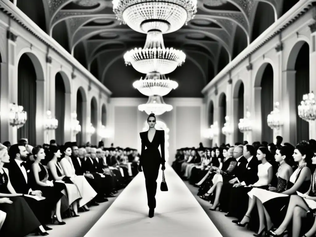 Desfile de moda de lujo con patrones innovadores, modelos y público elegante en una pasarela con candelabros ornamentales en blanco y negro