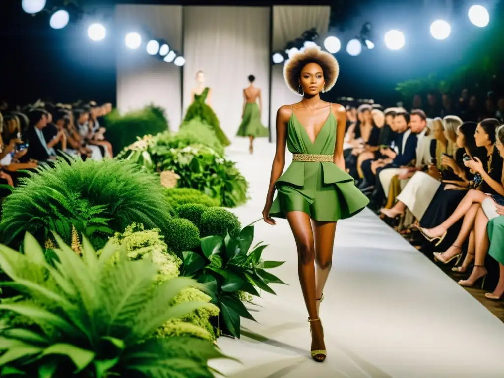 Desfile de moda de lujo con patrones sustentables, modelos elegantes caminan en pasarela adornada con vegetación exuberante