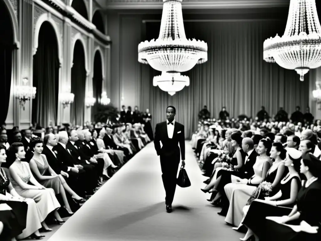 Desfile de moda lujosa de mediados del siglo XX con modelos elegantes y culturas diversas, reflejando la globalización en la moda de lujo