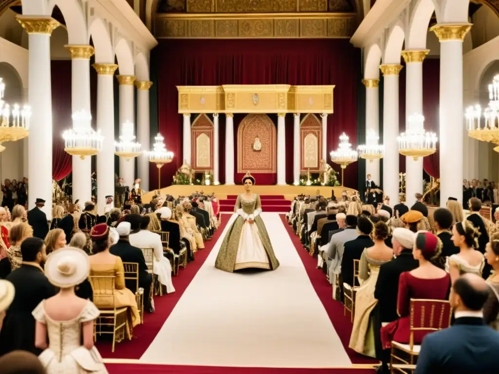 Desfile de moda renacentista con patrones históricos, telas opulentas y un escenario grandioso