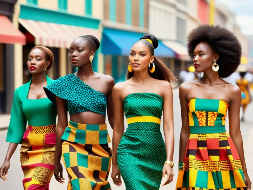 Un desfile de moda urbana con modelos luciendo vibrantes atuendos de Kitenge