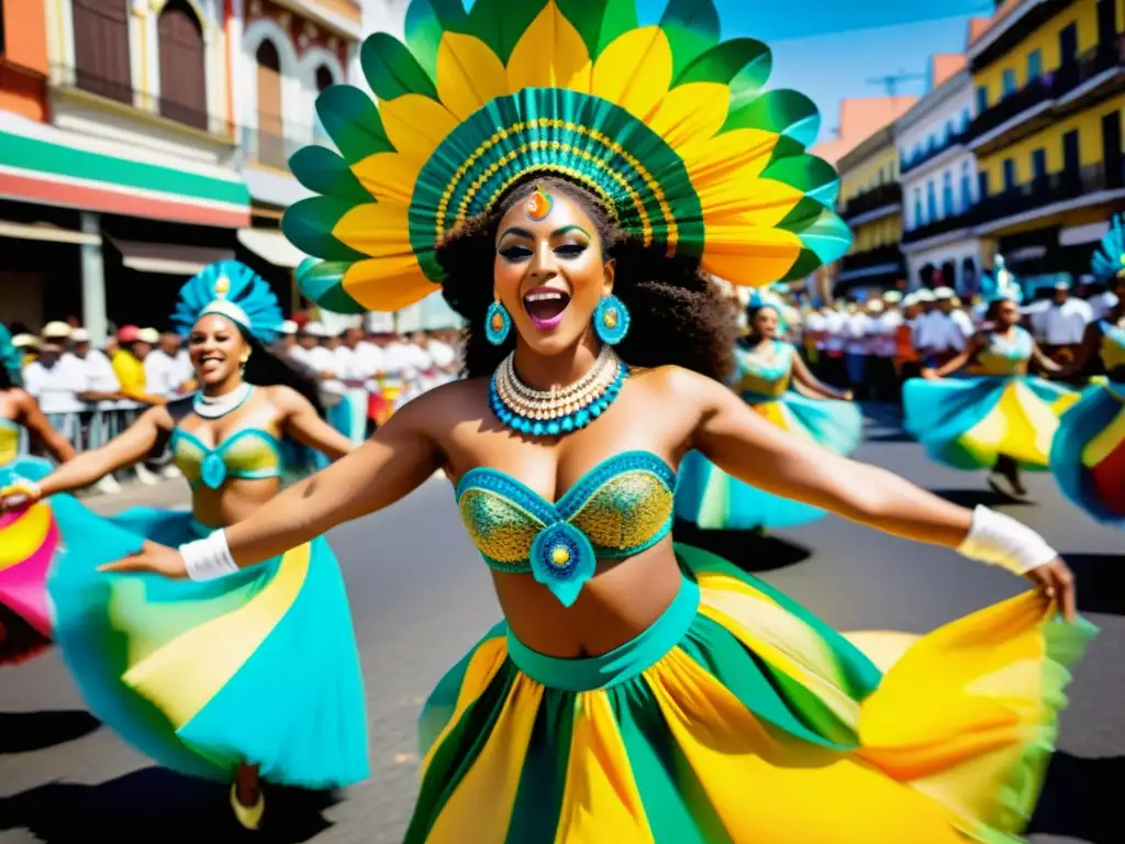 Desfile vibrante en el Carnaval de Río con patrones de danza y arquitectura histórica