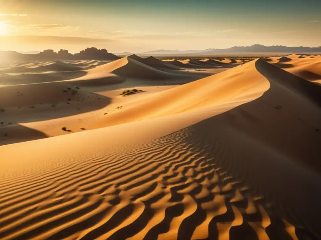 Desierto dorado con ilusión de oasis en el horizonte