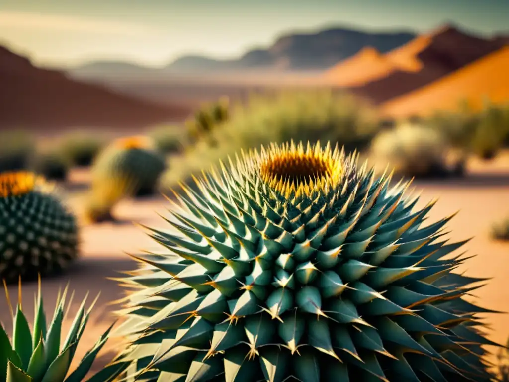 Desierto con plantas espinosas exhibiendo patrones defensivos en una nostálgica y hermosa fotografía vintage