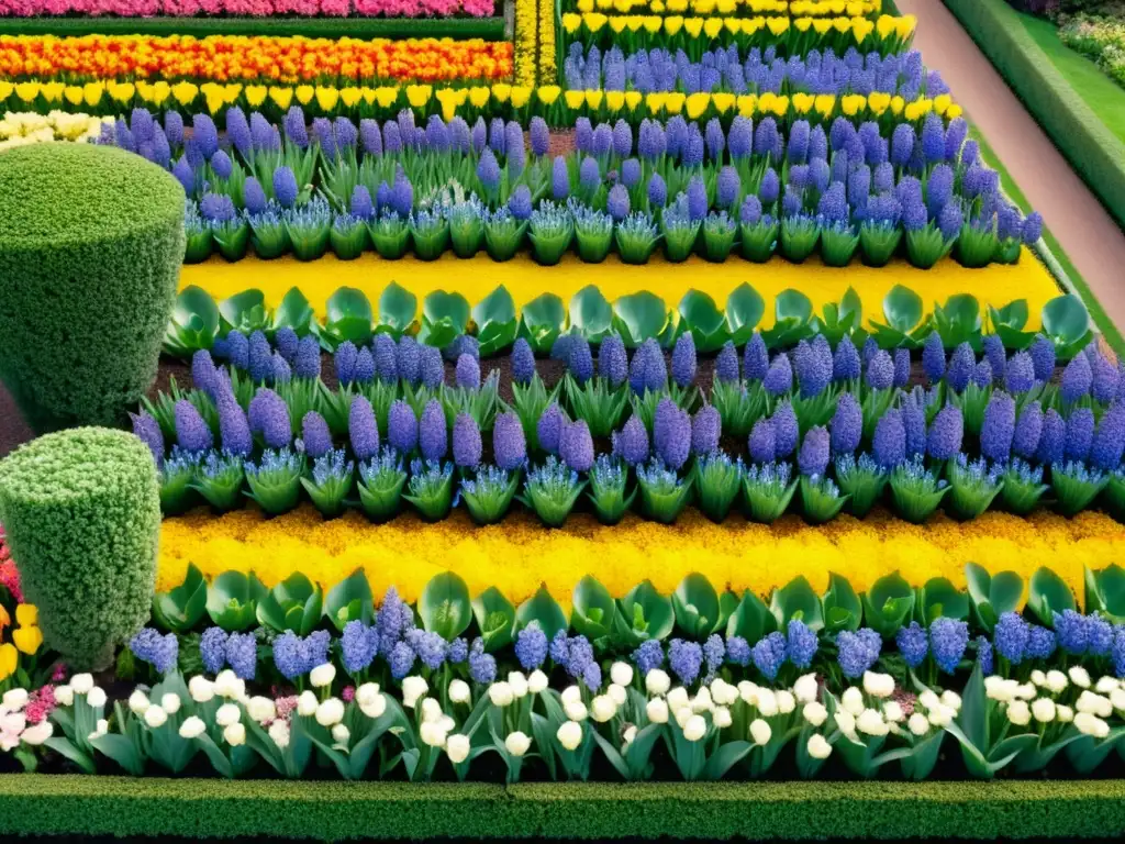 Deslumbrante fotografía aérea vintage de los vibrantes patrones de alfombra de flores en Keukenhof Gardens, Países Bajos