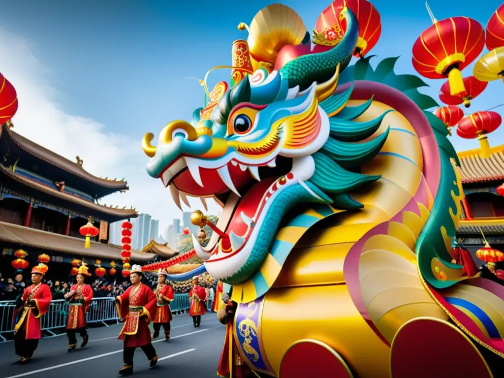 Un deslumbrante desfile del Año Nuevo chino con dragones, linternas y trajes tradicionales, enmarcado por templos antiguos y calles bulliciosas