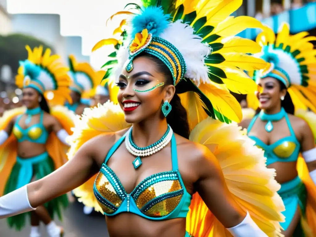 Deslumbrante desfile de bailarines de carnaval en Brasil Deslumbrante desfile de bailarines de carnaval brasileño con exuberantes patrones de vestimenta ritual Brasil