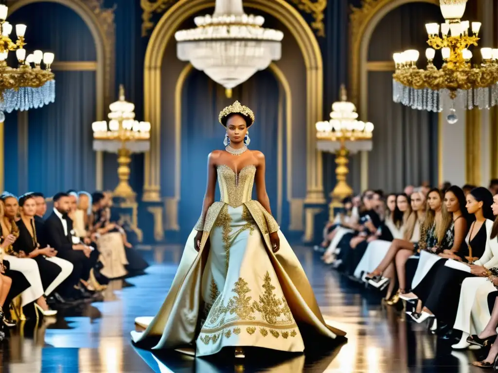 Deslumbrante desfile de moda con influencia de patrones históricos en un escenario lujoso y opulento