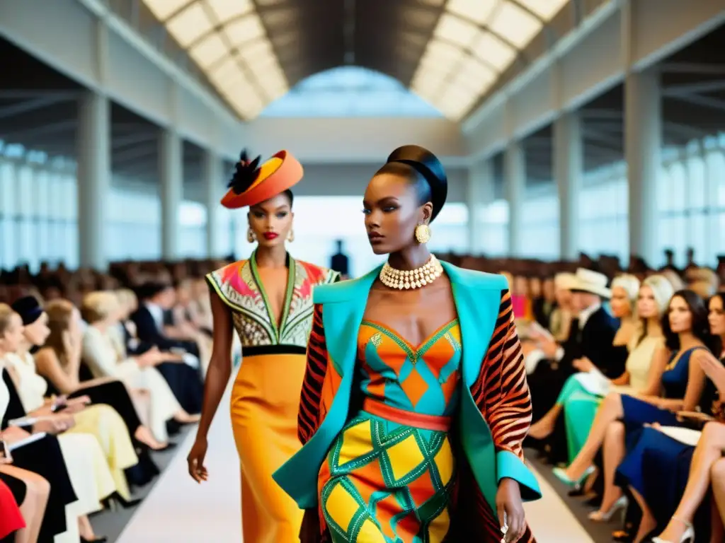 Deslumbrante desfile de moda vintage con patrones multicolor en alta costura