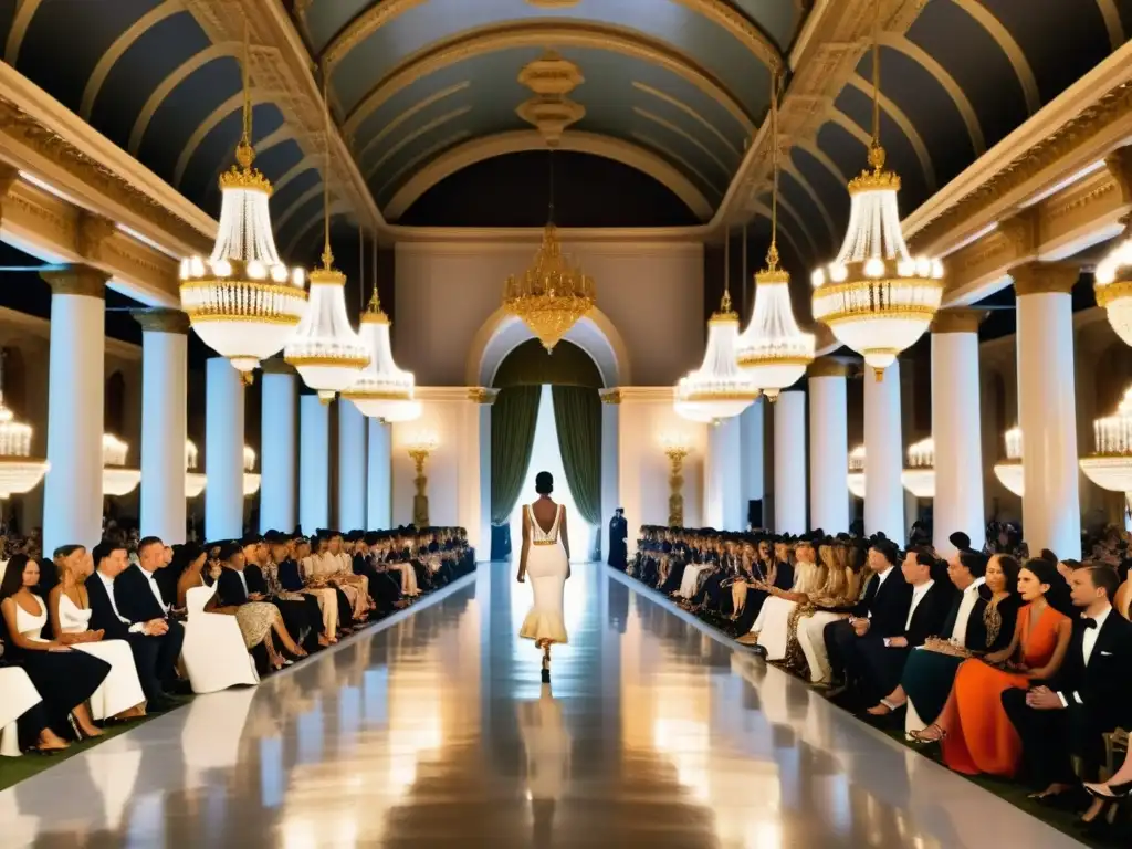 Deslumbrante moda de lujo con patrones arquitectónicos en un elegante desfile de moda en un espacio ornamental y majestuoso