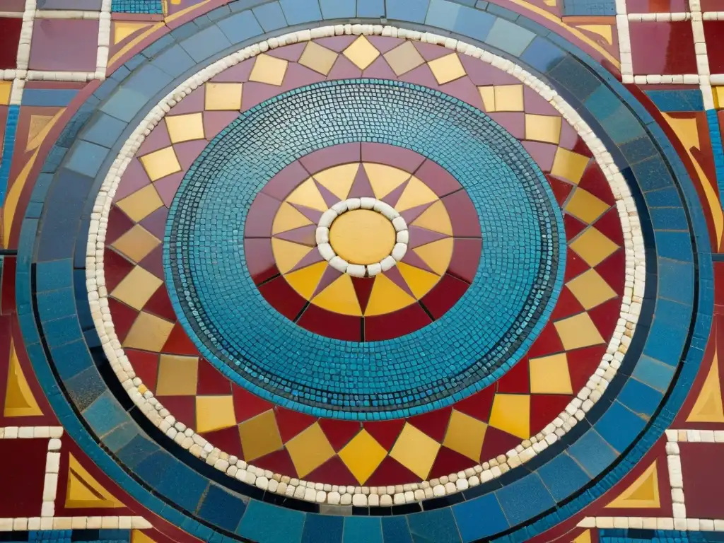 Deslumbrante mosaico de la antigua Roma con patrones geométricos en rojo, dorado y azul