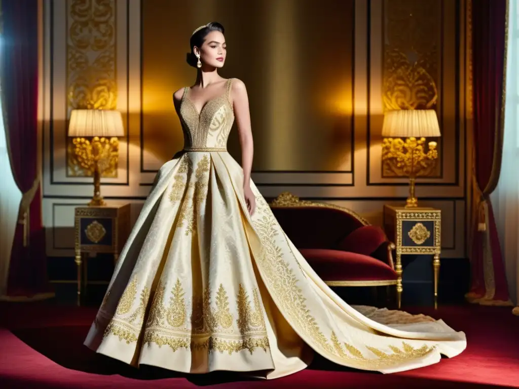 Deslumbrante vestido vintage de alta costura con patrones dorados, evocando elegancia y lujo en un escenario opulento