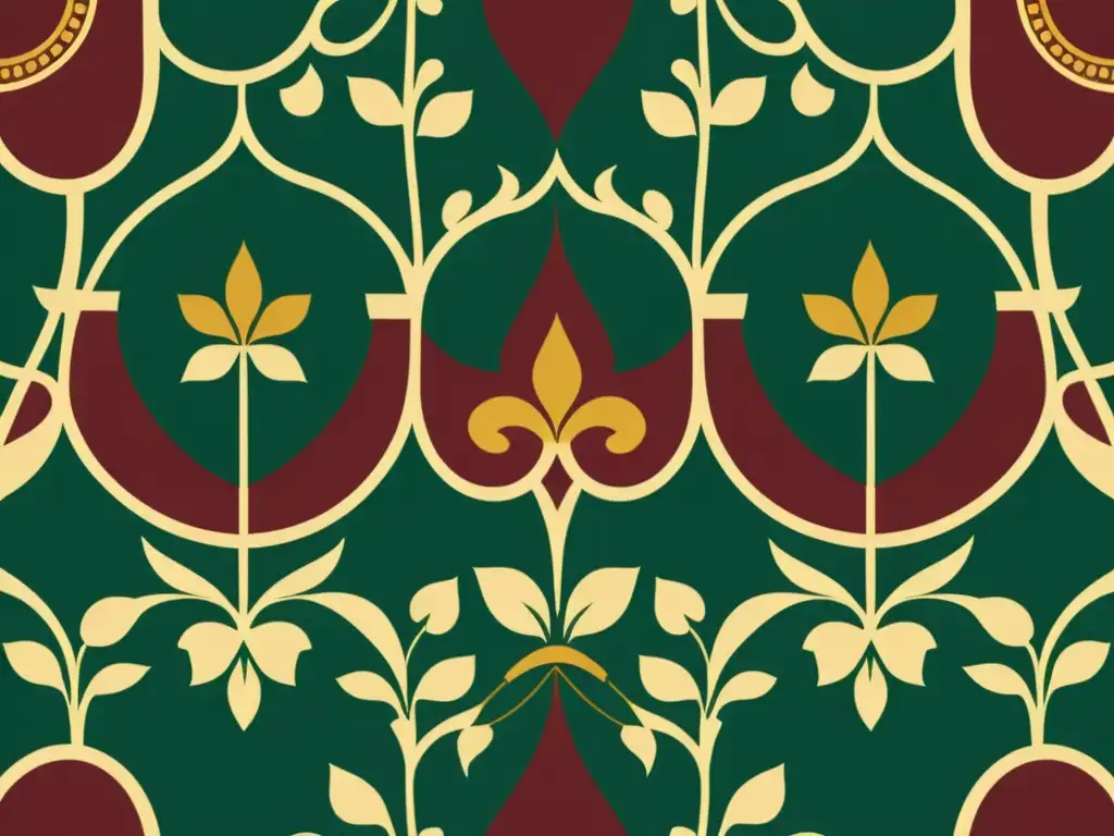 Detallada ilustración vintage de un antiguo patrón textil europeo en tonos ricos de oro, borgoña y verde bosque