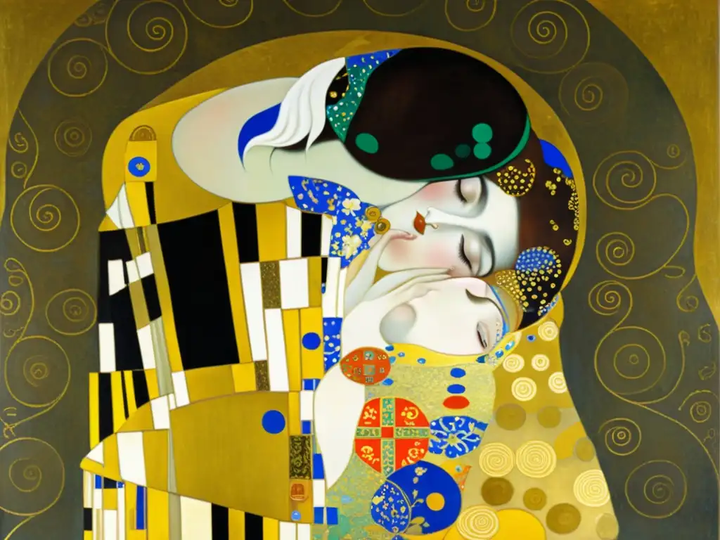 Detallada ornamentación en arte moderno: la lujosa y opulenta obra 'El Beso' de Gustav Klimt, con patrones y detalles dorados intrincados