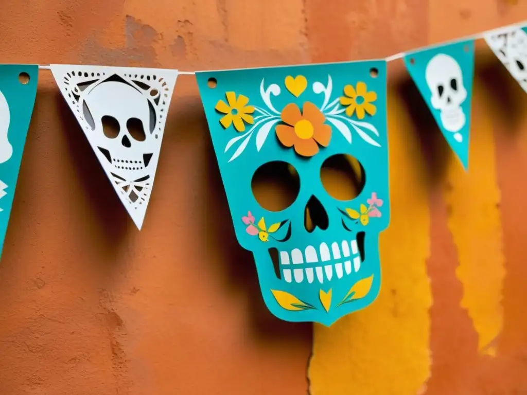 Detallada artesanía mexicana: papel picado con patrones festivos y símbolos tradicionales, suspendido frente a una pared de adobe en tono terracota