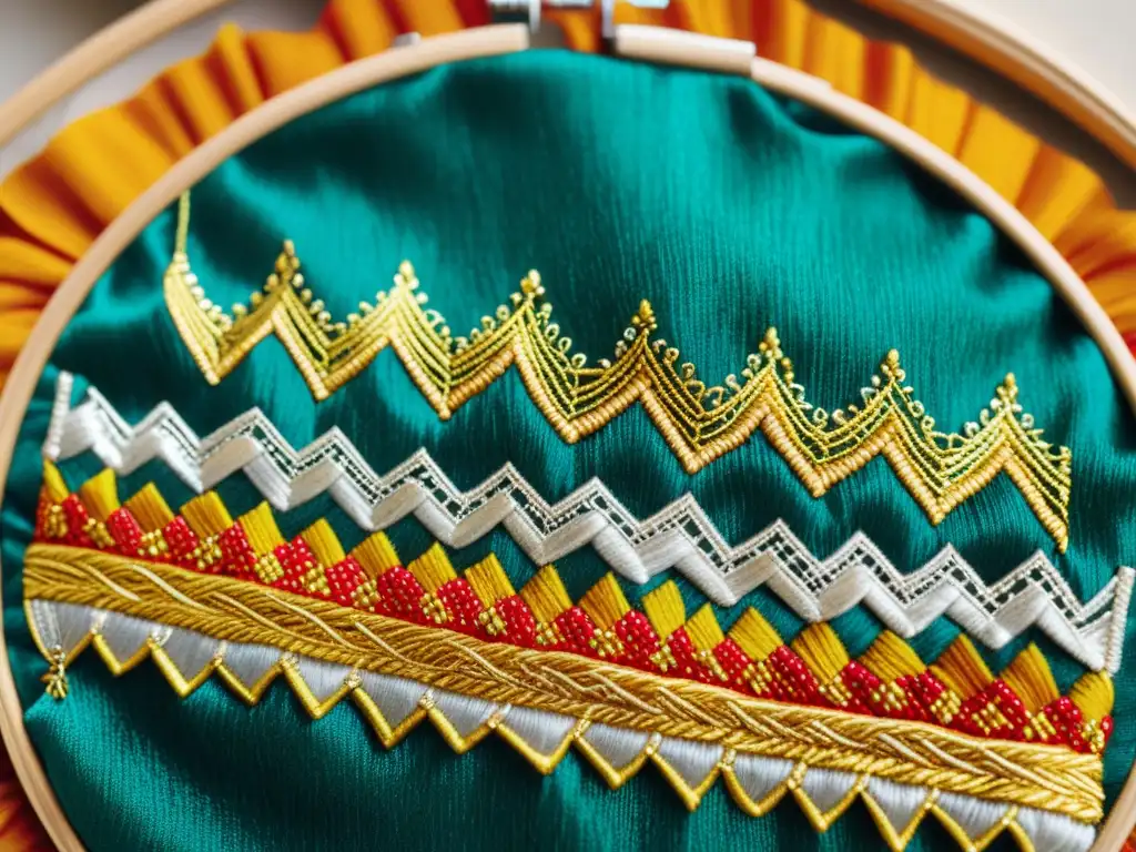 Detallada artesanía textil con bordados de hilos dorados y plateados, representando escenas culturales