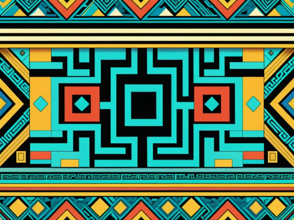 Detallada ilustración vintage con patrón de mosaico azteca, colores vibrantes y códigos QR integrados, fusionando arte antiguo con tecnología moderna