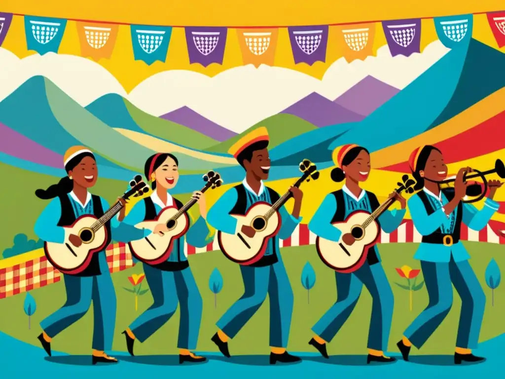 Detallada ilustración vintage de una banda de música folclórica con patrones en instrumentos musicales folclóricos, tocando en un animado festival