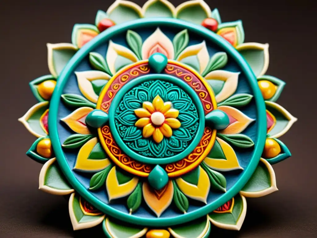 Detallada mandala de barro cerámica Nepal, con intrincados patrones geométricos y vivos colores, sobre superficie de madera oscura