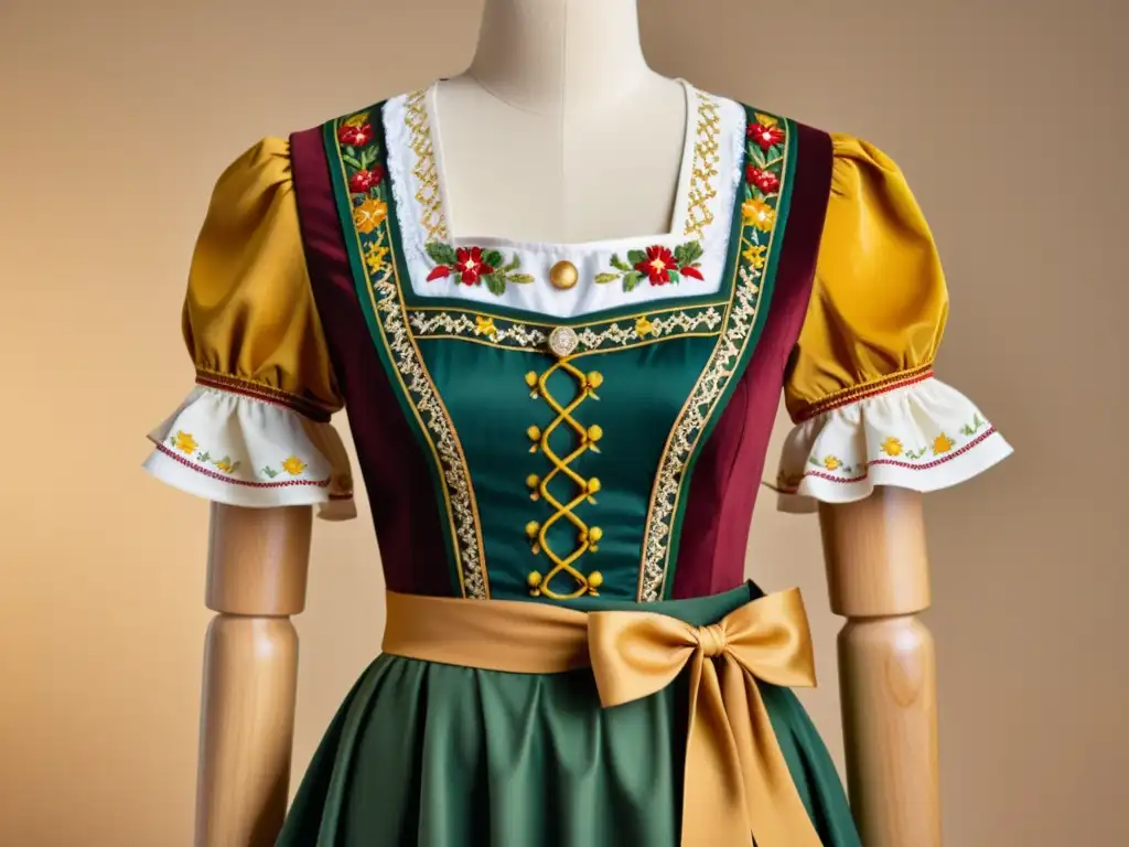 Detallada ilustración vintage de un dirndl bávaro con patrones artísticos en tonos terrosos, evocando tradición y herencia cultural